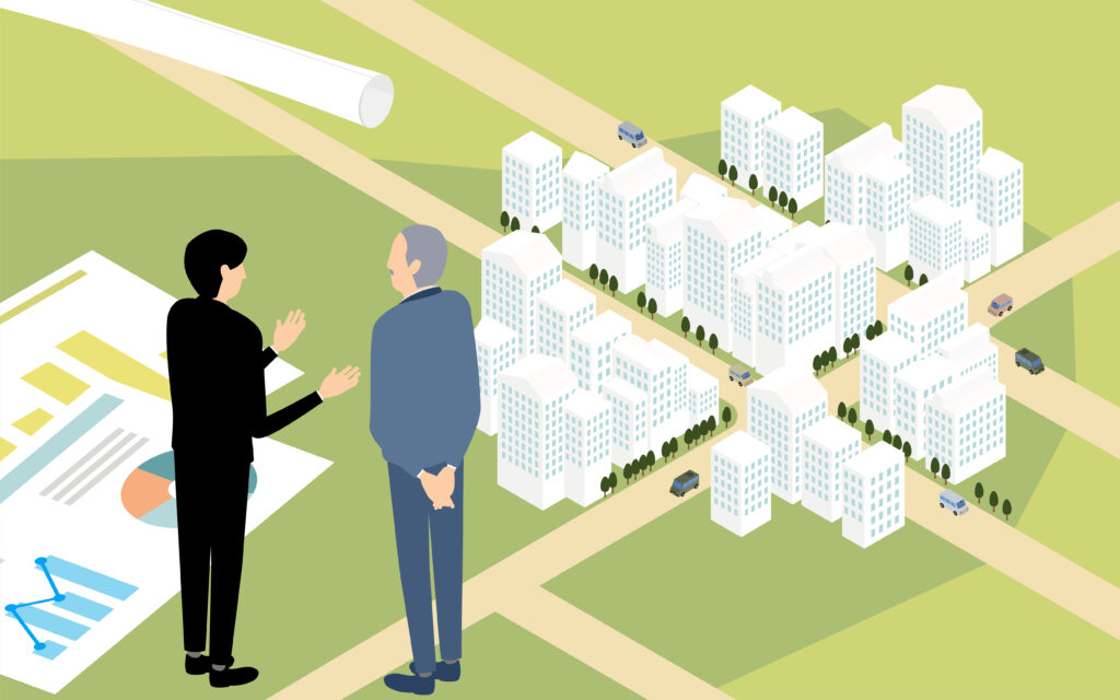 Image of urban development, isometric illustration of building t